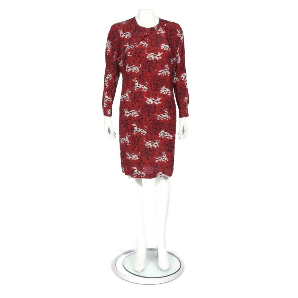 bimba & lola Brick Red Cat Leaf Print Long Sleeve Silk Shift Dress sz XS /382